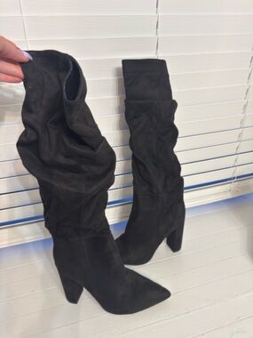 Black Suede Slouchy Knee-High Heeled Boots